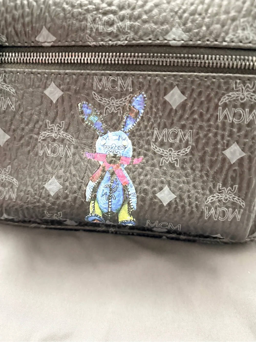 MCM Black Logo Backpack with Colorful Bunny Patch